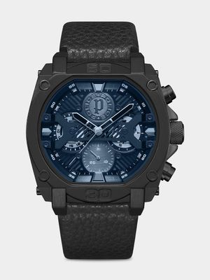 Police Norwood Black Plated Blue Dial Black Leather Chronograph Watch