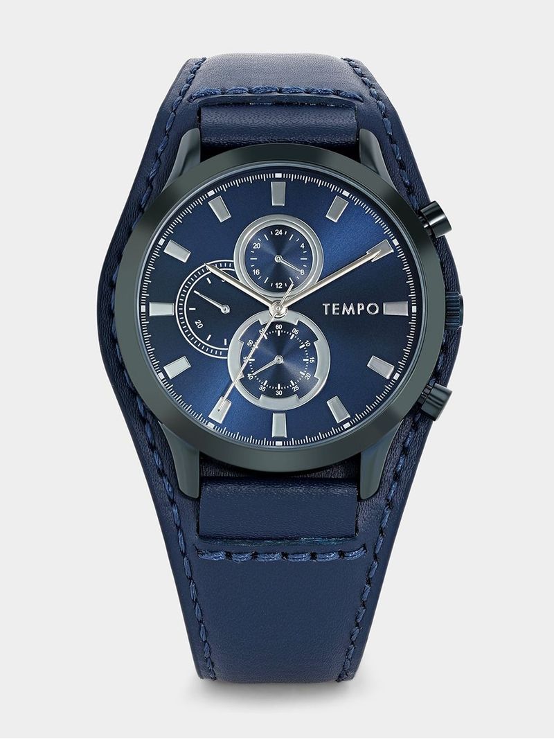 Tempo Blue Plated Chronographic Blue Leather Watch Bash