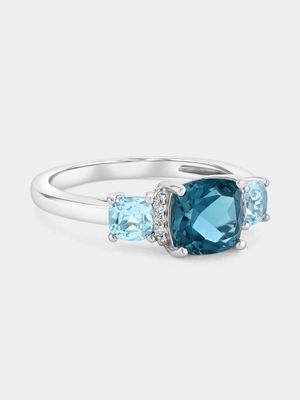 White Gold Diamond & Blue Topaz Cushion-Cut Trilogy Ring