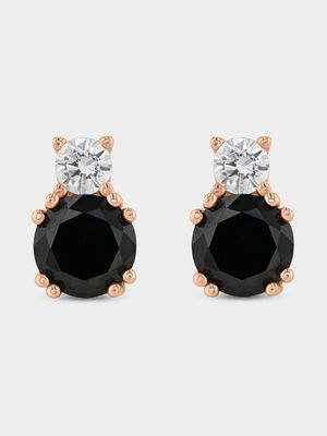 Rose Plated Sterling Silver Black & White Cubic Zirconia Stud Earrings