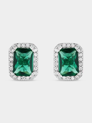 Sterling Silver Green Cubic Zirconia Emerald-Cut Halo Stud Earrings