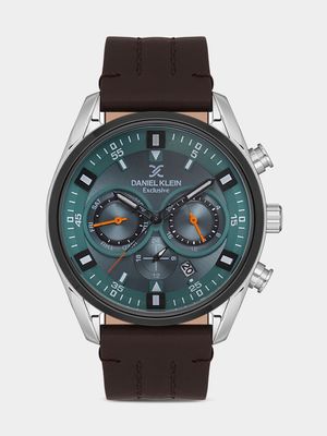 Daniel Klein Silver Plated Aqua Dial Chronographic Brown Leather Watch