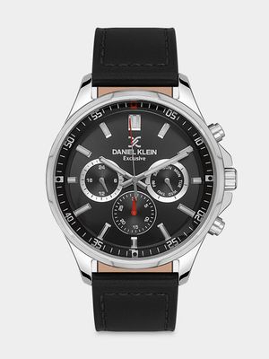 Daniel Klein Silver Plated Black Leather Chronographic Watch