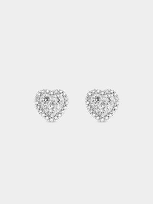 Sterling Silver Diamond & Created Sapphire Heart Halo Stud Earrings