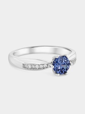 Sterling Silver Tanzanite Blue Cubic Zirconia Pavé Bar Ring