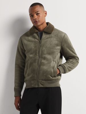 Men's Markham Smart Suede Zipped Sherpa Green Bomber