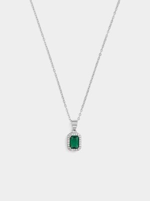 Sterling Silver Green Cubic Zirconia Emerald-Cut Halo Pendant