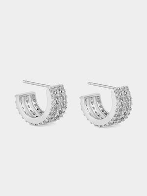 White Gold Cubic Zirconia Three Row Hoop Earrings