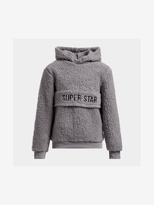 Younger Boy's Grey Hooded Slogan Print Teddy Fleece Sweater