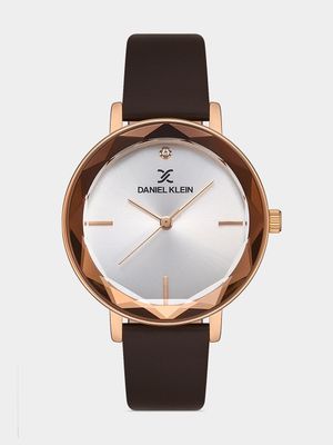 Daniel Klein Rose Plated White Dial Brown Leather Watch