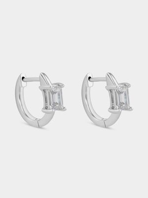 Sterling Silver Cubic Zirconia Baguette Huggie Earrings