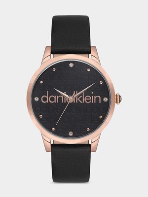 Daniel Klein Rose Plated Black Dial Black Leather Watch