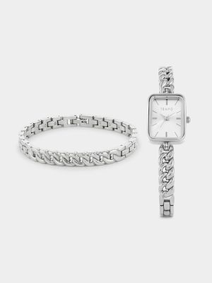 Tempo Silver Plated Rectangle Bracelet Watch & Bracelet Set