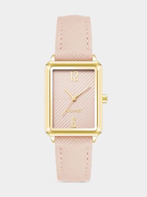 Nine West Women's Gold Plated & Pink Rectangular Vegan Leather Watch