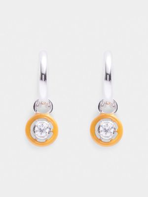 Rhodium Plated Brass Huggies with Orange  Enamel with CZ Charm