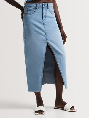 News Denim Front Slit Midi Skirt