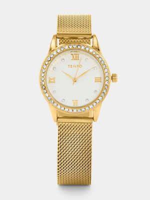 Tempo Women’s Gold Plated Silver Dial Mesh Watch