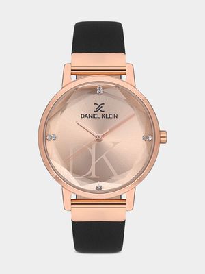 Daniel Klein Rose Plated Rose Tone Dial Black Leather Watch