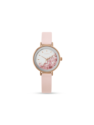 Tempo Ladies Rose Toned Pink Leather Watch With Floral Detail