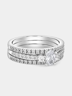 Sterling Silver Cubic Zirconia Oval Trilogy Triple Set Ring