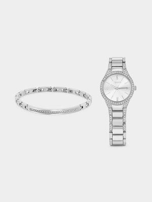 Tempo Women’s Silver Plated Bracelet Watch & Bracelet Set