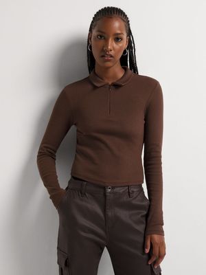 Y&G Rib Quarter Zip Long Sleeve Top