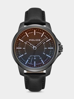 Police Mensor Gunmetal Plated Red & Blue Dial Black Leather Watch