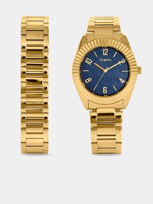 Tempo Men’s Gold Plated Blue Dial Bracelet Watch Set