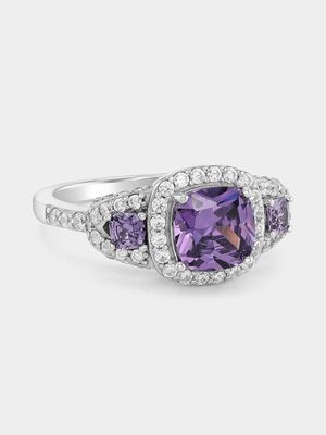 Sterling Silver Amethyst Cubic Zirconia Cushion Trio Ring