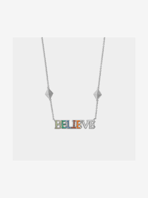 Rhodium Plated Brass Rainbow Believe Script Necklace