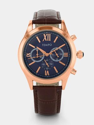 Tempo Men’s Rose Plated Blue Multi Dial Brown Leather Watch