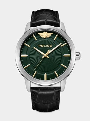 Police Men’s Raho Silver Plated Green Dial Black Leather Watch