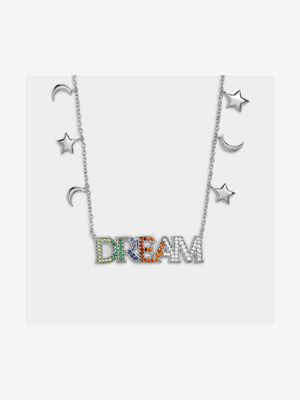 Rhodium Plated Brass Rainbow Dream Script Necklace