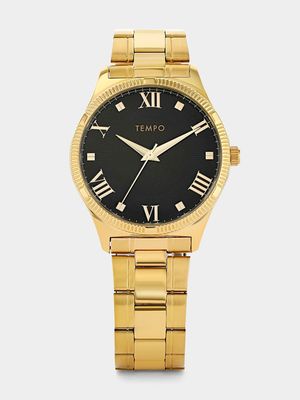 Tempo Men’s Black Dial Gold Plated Bracelet Watch