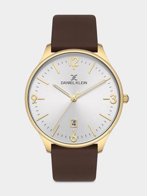 Daniel Klein Gold Plated White Dial Brown Leather Watch