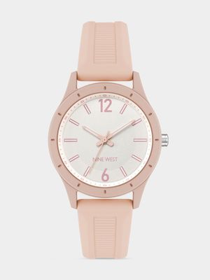 Nine West Women's Silver Dial & Pink Round Silicone Watch