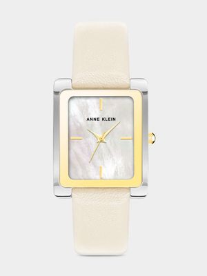 Anne Klein Silver & Gold Plated Rectangular Ivory Leather Watch