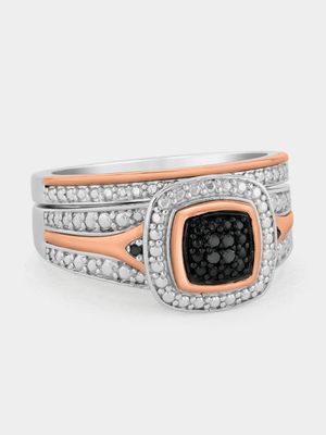 Rose Gold & Sterling Silver Black Diamond Cushion Halo Ring