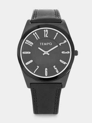 Tempo Men’s Black Plated Black Leather Watch