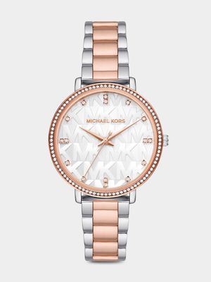 Michael Kors Women's Pyper Silver & Rose Gold Plated Logo Bracelet Watch