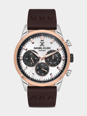 Daniel Klein Silver & Rose Plated Brown Leather Chronographic Watch