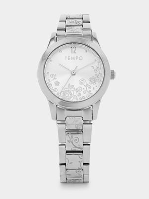 Tempo Women’s Silver Plated Flower Design Bracelet Watch