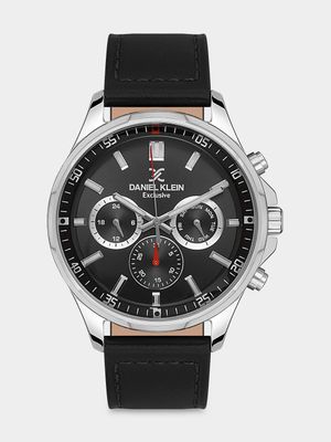 Daniel Klein Silver Plated Black Leather Chronographic Watch