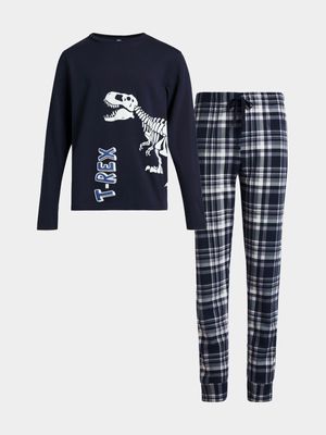 Older Boy's Navy Dino Check Sleepwear Set