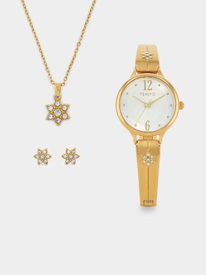 Tempo Gold Plated Bangle Watch, Flower Pendant & Stud Earrings Gift Set