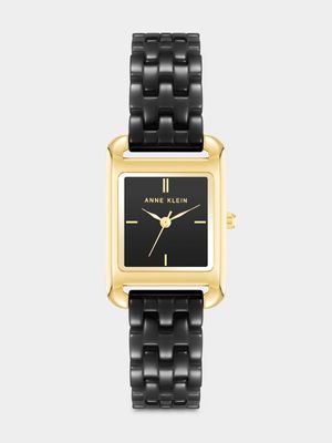 Anne Klein Gold Plate Rectangular Black Ceramic Bracelet Watch