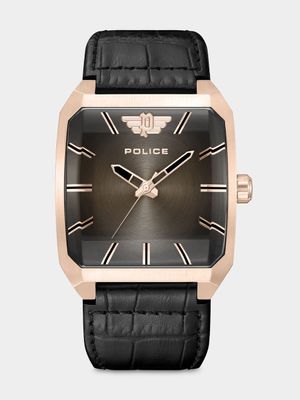 Police Omaio Rose Plated Stainless Steel Black Leather Watch