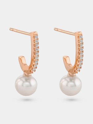 Rose Gold Plated Pearl Women’s Pavé Half Hoop Drop Earrings