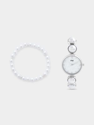 MX Silver Plated White Mother Of Pearl Dial Watch & Bracelet Set