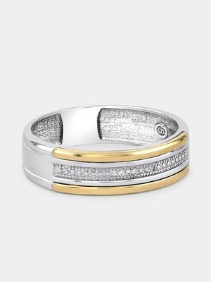 Yellow Gold & Sterling Silver Diamond Centre Stripe Wedding Band